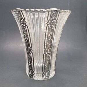 Hollywood Deco Vase Silver Accented Fluted Glass Vintage Style PR311